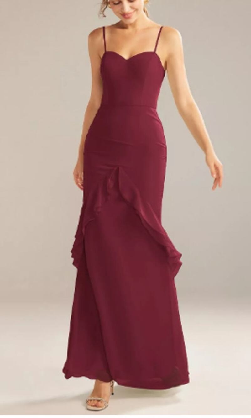AW BRIDAL 2 XS burgundy red Claire chiffon ruffle bridesmaid maxi dress NEW B52